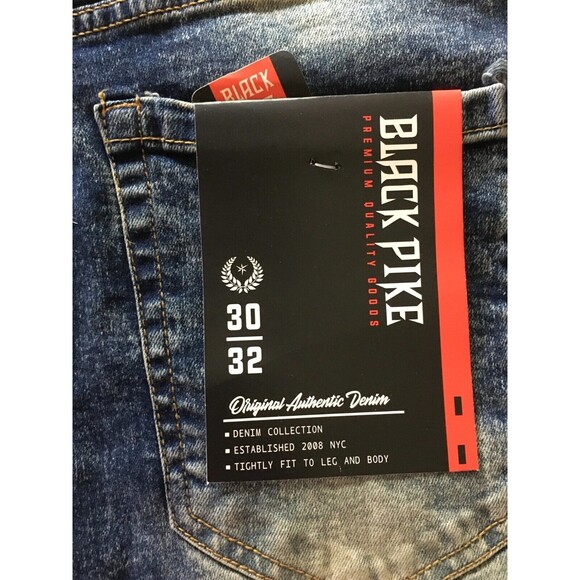 NWT BLACK PIKE LEGEND Embroidered Distressed Biker Stretch Slim Denim Jean 30X32 - Picture 12 of 13